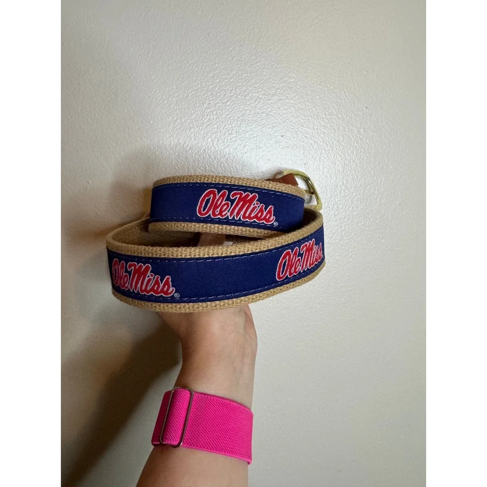 Zephyr Ole Miss Rebels Belt Navy Blue Ribbon Leather Canvas Mens Size 30 USA